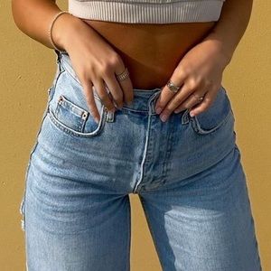 zara high rise light wash jeans size 2 with two rips on both knees bootcut